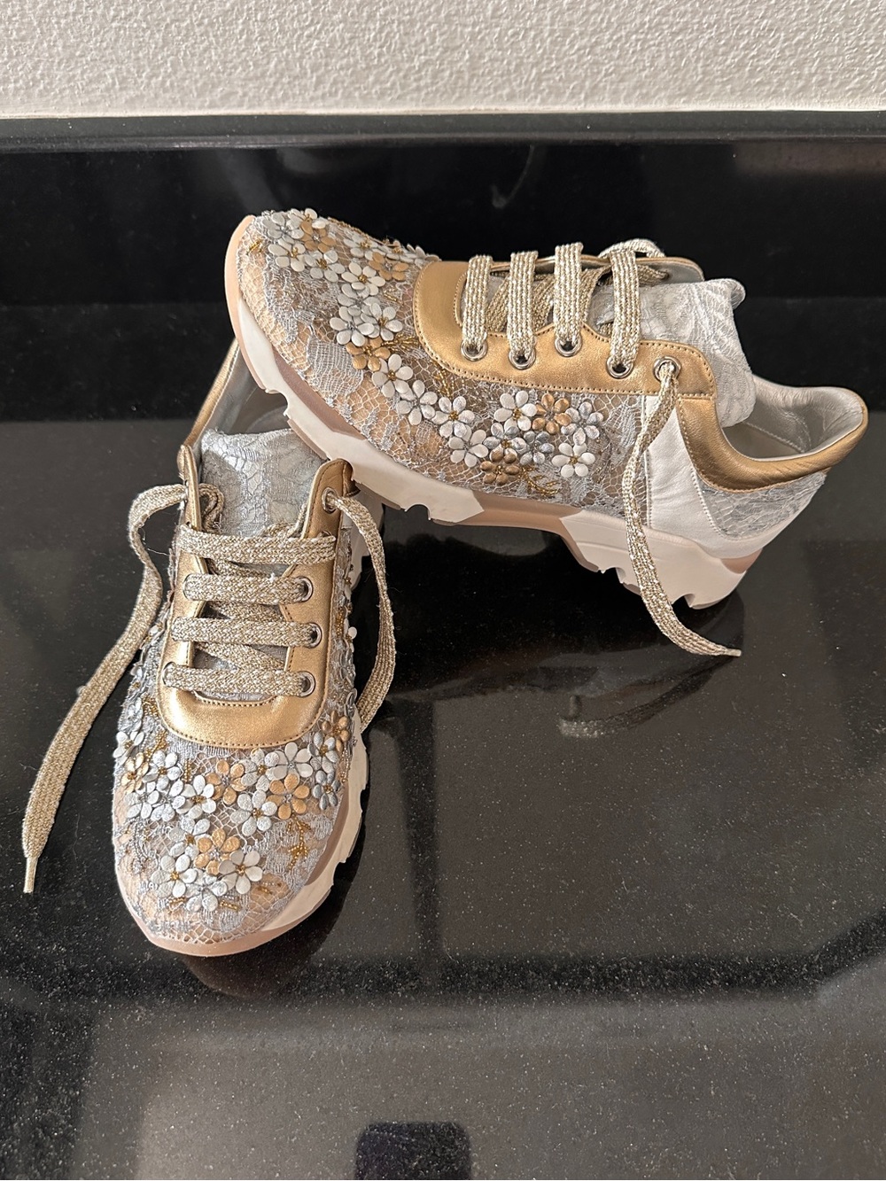 Rene Caovilla W Metallic Gold Floral Lace Bridal Sneakers - Sz US 5 / EU 35